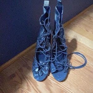 4inch Denim Acid Wash Lace -Up Boots Open Toe